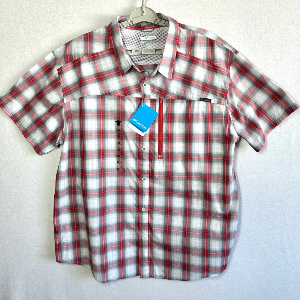 Columbia Battle Ridge Slim Fit Shirt Men's XXL Gray Red Plaid Short Sleeve New